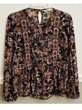 Zara Chiffon Floral Semi Sheer Beaded Embellished Boho Keyhole Top Medium